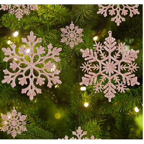 30 pcs Christmas Snowflake Ornaments Plastic Glitter Snowflakes Ornaments for Xmas Tree Decorations,  Rose Gold set of 2