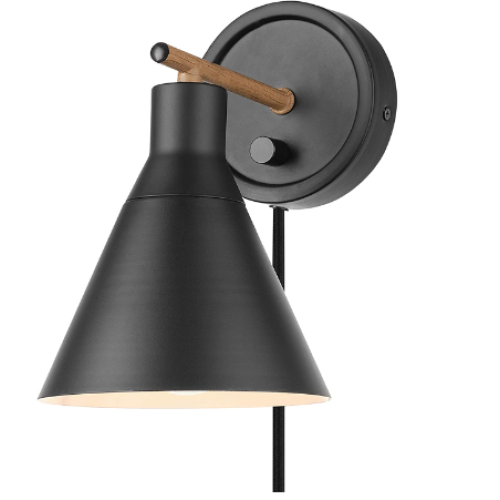 Globe Electric 51725 1-Light Dimmable Plug-in or Hardwire Wall Sconce, Matte Black, Faux Walnut Accent, Stepless Dimming Rotary Switch on Canopy, Black Fabric Cord, Wall Lights for Bedroom Plug in