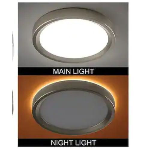 9 in. Color Selectable LED Flush Mount Ceiling Light w/ Night Light Optional White and Brushed Nickel Trim Rings