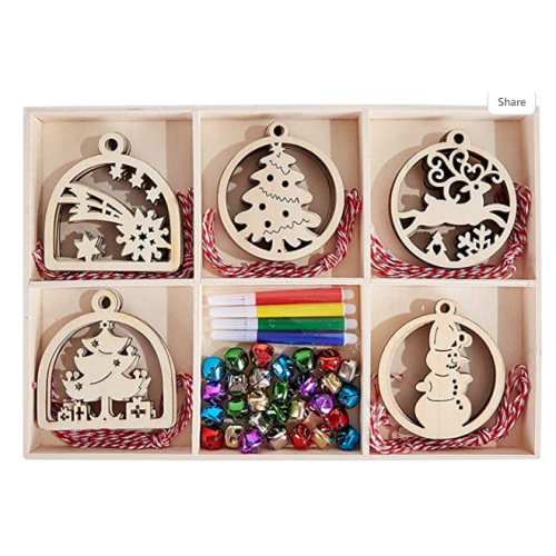 szxy 30pcs Unfinished Wooden Hanging Ornaments for Christmas Decorations,5 Styles DIY Wood Slices with Holes for Kids Crafts Centerpieces Holiday Hanging Decorations (with Giftbox)