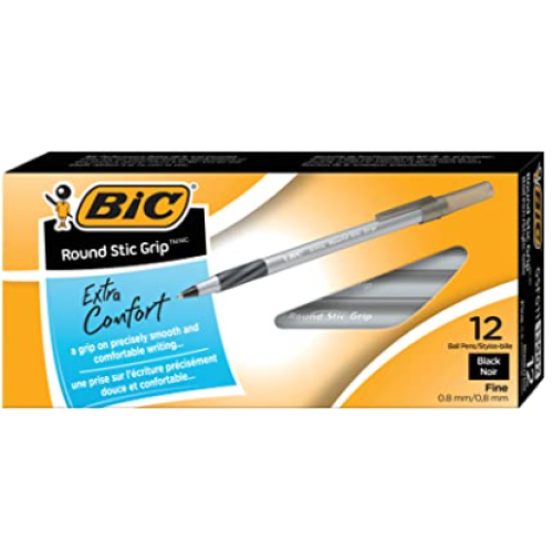 BIC Round Stic Grip Xtra Comfort Ballpoint Pen, Fine Point (0.8mm), Black, 12-Count