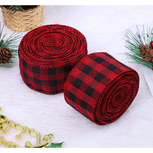  2 Rolls Red and Black Plaid Burlap Ribbon Wired Ribbon Christmas Wrapping Ribbon for Christmas Crafts Decoration, Floral Bows Craft