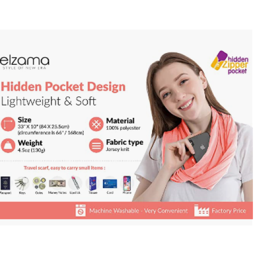 ELZAMA Infinity Loop Solid Color Scarf With Hidden Zipper Pocket For Women - Lightweight Travel Neck Wrap