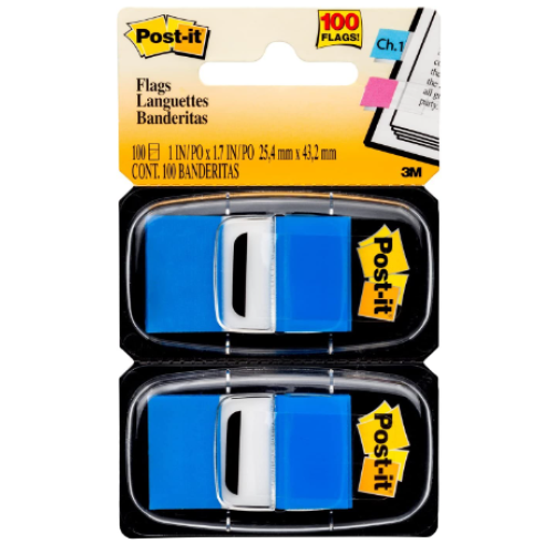 Post-it Flags, 50/Dispenser, 2 Dispensers/Pack, 1 in Wide, Bright Blue 