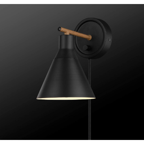 Globe Electric 51725 1-Light Dimmable Plug-in or Hardwire Wall Sconce, Matte Black, Faux Walnut Accent, Stepless Dimming Rotary Switch on Canopy, Black Fabric Cord, Wall Lights for Bedroom Plug in