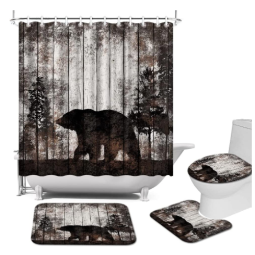 AtGoWac Rustic Bear Shower Curtain Sets with Rugs, Bear Rugs and Bear Mat, Animal Theme Bear in Forest Shower Curtain 72"x72" Farmhouse Decor Shower Curtain