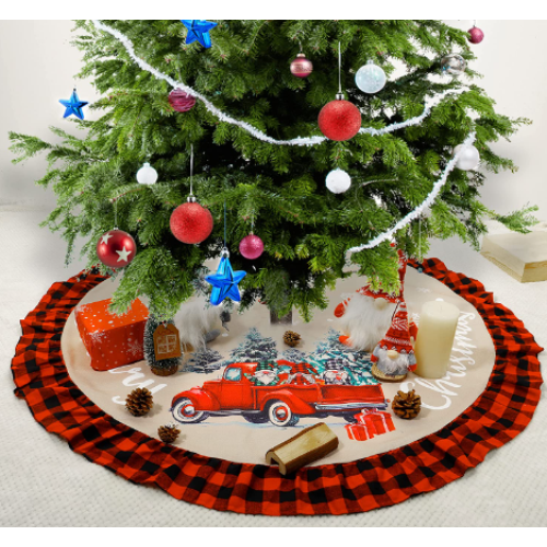 48 Inch Christmas Tree Skirt Red & Black Buffalo Plaid Edge Burlap Tree Skirt Gnome Red Truck Merry Christmas Base Cover Christmas Tree Mat for Party Home New Year Holiday Christmas Tree Decorations