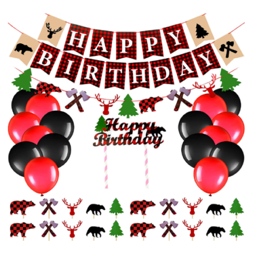 Lumberjack Birthday Decorations 49 Pieces Lumberjack Party Birthday Banner Lumberjack Themed Party Garland Buffalo Plaid Cake Toppers Balloons for Winter Christmas Lumberjack Birthday Party Supplies