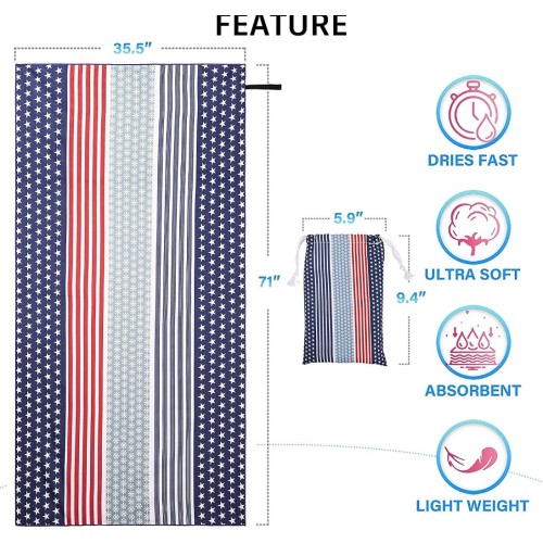 Hyhyco Soft BeachTowels-Sand Free Beach Towel Oversized - Large Beach Towel Patriotic Pattern -Personalized Beach Towel 35.5"x 71"(Blue Starry-Stripes)