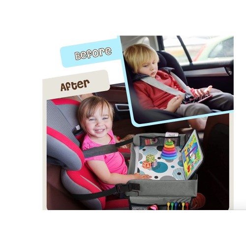 Car Seat Organizer Kids Travel Tray for Kids Toddlers Activities in Car Seat, Stroller, Airplane | Touch Screen iPad Holder | Waterproof Dry Erase Top | Side Pocket & Water Bottle Holder