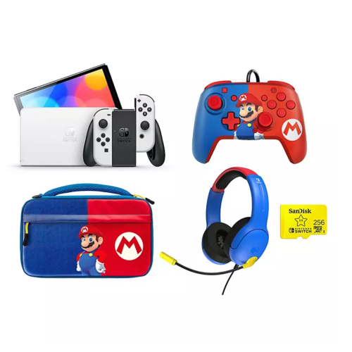 Nintendo Switch OLED Mario Bundle + Headset + Wired Controller + Case + 256GB SanDisk