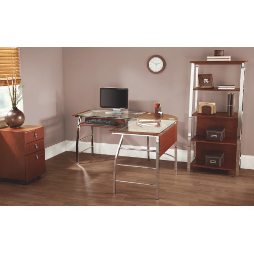 Realspace Mezza 62"W L-Shaped Desk, Cherry/Chrome