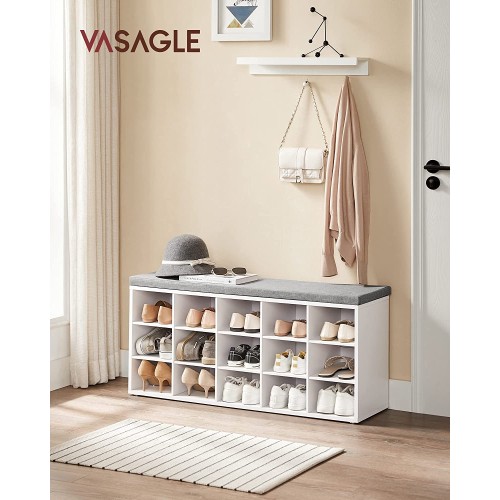 VASAGLE Shoe Bench with Cushion, Storage Bench with 15 Compartments, Shoe Rack Bench, Shoe Shelf, Storage Cabinet, for Entryway, Holds up to 440 lb, White..