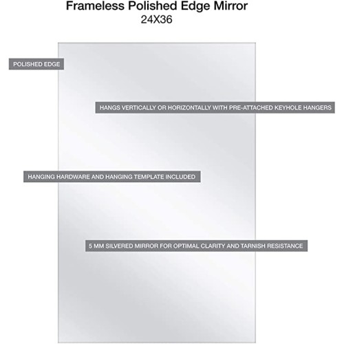 Frameless Rectangular Mirror 24" x 36",  Hang Horizontal or Vertical