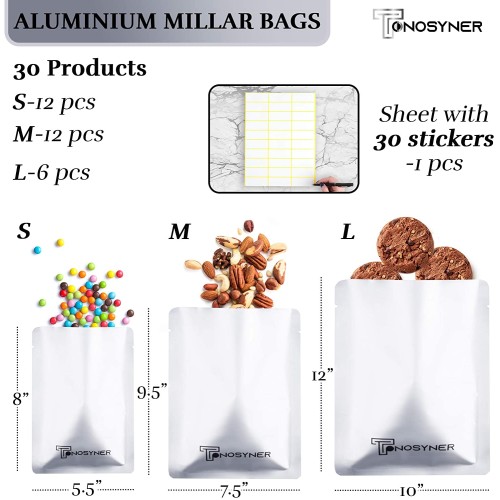 Mylar Bags, 3 Sizes 30 Pack, Lock Bags, Heat Seal Bags, Food Storage Bags for Coffee, Tea, Candy Beans, Nuts and Cookies