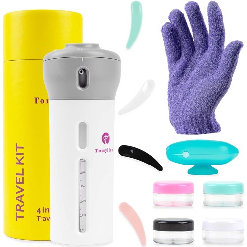 4 in 1 Travel Dispenser with Reusable Toiletry Bottles - 4 Small Cream Boxes with Matching Spatulas Shower Scrubbing Glove Toothbrush Protector Included-Shampoo Gel Conditioner Spill-proof Containers