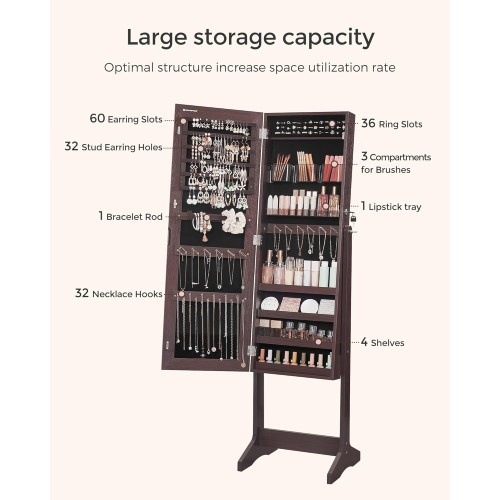 SONGMICS Jewelry Cabinet Armoire, Freestanding Lockable Storage Organizer Unit with 2 Plastic Cosmetic Storage, Full-Length Frameless Mirror, for Necklace Earring, Brown UJJC002K01 SONGMICS Jewelry Cabinet Armoire, Freestanding Lockable Storage Organizer Unit with 2 Plastic Cosmetic Storage, Full-Length Frameless Mirror, for Necklace Earring, Brown UJJC002K01