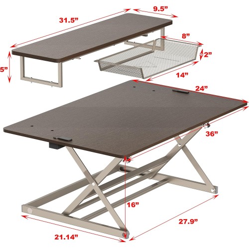 SHW Standing Desk Converter 36-Inch Pneumatic Height Adjustable with Monitor Riser, Espresso SHW Standing Desk Converter 36-Inch Pneumatic Height Adjustable with Monitor Riser, Espresso