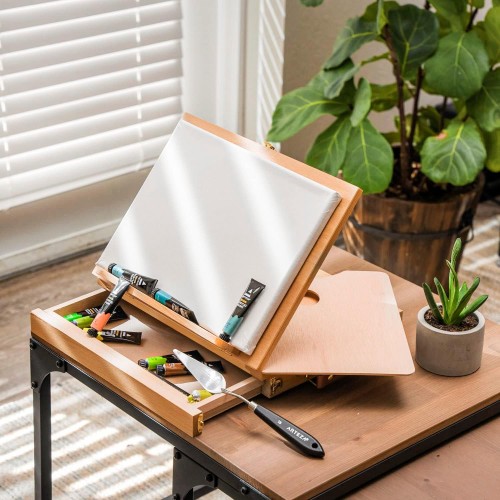 ARTEZA Tabletop Easel 13.4x10.3x2 Inches, Portable Beechwood Easel Box with Drawer & Palette for Artists