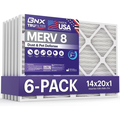 BNX TruFilter 14x20x1 Air Filter MERV 8 (6-Pack) - MADE IN USA – Dust & Pet Defense Electrostatic Pleated Air Conditioner HVAC AC Furnace Filters for Dust, Pet, Mold, Pollen MPR 600 – 700 & FPR 5