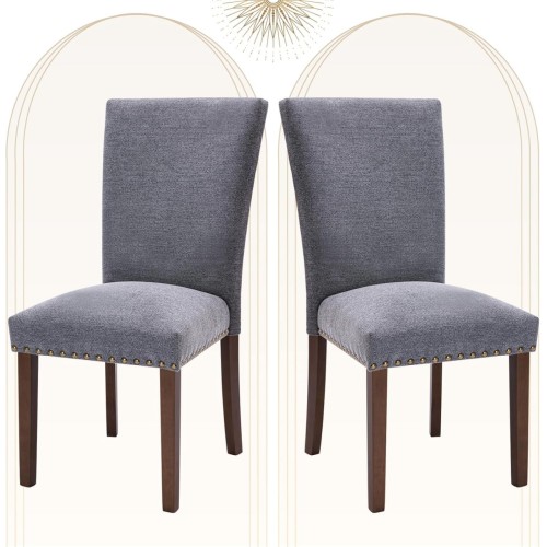 COLAMY Upholstered Parsons Dining Chairs Set of 2, Fabric Dining Room Kitchen Side Chair with Nailhead Trim and Wood Legs - Dark Grey