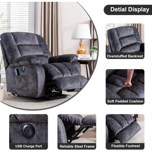 Phoenix Home Power Lift Chair for Elderly Overstuffed Massage Recliners for Living Room, with Heated Vibration, USB Ports, Remote Control, Large, Gray