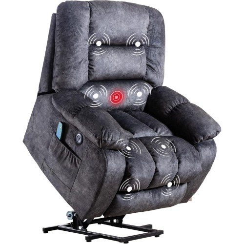 Phoenix Home Power Lift Chair for Elderly Overstuffed Massage Recliners for Living Room, with Heated Vibration, USB Ports, Remote Control, Large, Gray