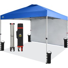 CROWN SHADES 10x10 Pop Up Canopy with 1 Side Wall - Beach Tent with One Push Setup - Outdoor Sun Shade for Events, Parties, Camping - Gazebo with STO-N-Go Cover Bag (Blue)