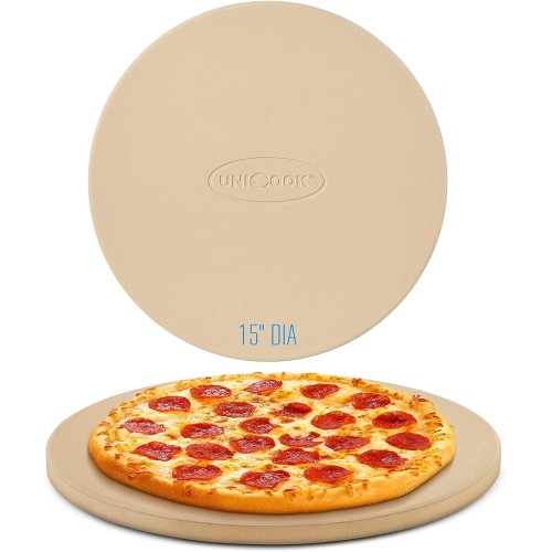 Unicook Pizza Stone for Grill Oven, 15 Inch Round Baking Stone, Heavy Duty Cordierite Pizza Cooking Pan, Thermal Shock Resistant, Ideal for Making Crisp Crust Pizza, Bread and More, Includes Scraper