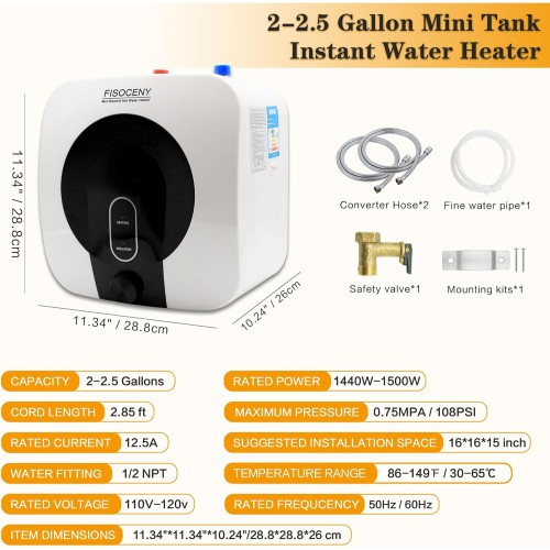 Mini Tank Water Heater 2.5 Gallons Under Sink Small Electric Water Heater 110V 120V 1.5Kw Hot Water Storage Instant Hot Water Heaters for Kitchen,Restaurant,Rv,Shelf Wall Floor Mounted