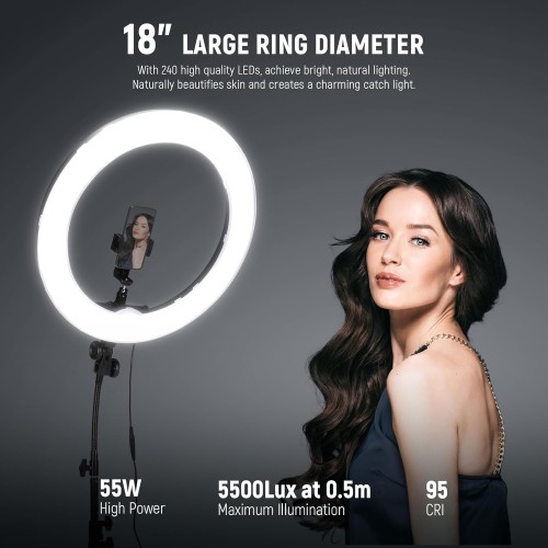 NEEWER Ring Light 18inch Kit: 55W 5600K Professional LED with Stand and Phone Holder, Soft Tube & Bag for Tattoo Lash Extension Barber Makeup Artist Studio Video Photography Lighting, RL-18