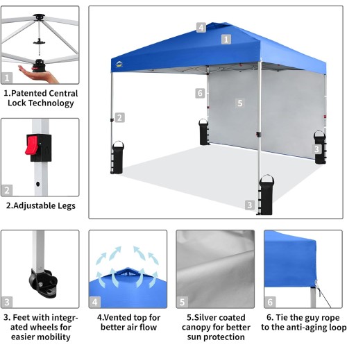 CROWN SHADES 10x10 Pop Up Canopy with 1 Side Wall - Beach Tent with One Push Setup - Outdoor Sun Shade for Events, Parties, Camping - Gazebo with STO-N-Go Cover Bag (Blue)