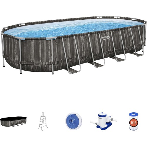 Bestway Power Steel 24' x 12' x 52" Rectangular Metal Frame Above Ground Swimming Pool Set with 1500 GPH Sand Filter Pump, Ladder, and Pool Cover