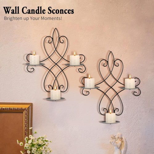 AHUONEL Wall Candle Sconce Holder Set of 2, Metal Wall Sconces Decor Hanging Wall Mounted Candle Stick Holder, Black Candlestick Holders Wall Decor for Bedroom Living Room Dining Room, 14.4"×11.8"