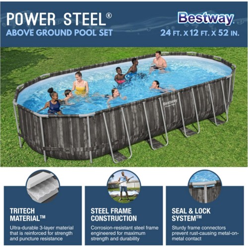 Bestway Power Steel 24' x 12' x 52" Rectangular Metal Frame Above Ground Swimming Pool Set with 1500 GPH Sand Filter Pump, Ladder, and Pool Cover