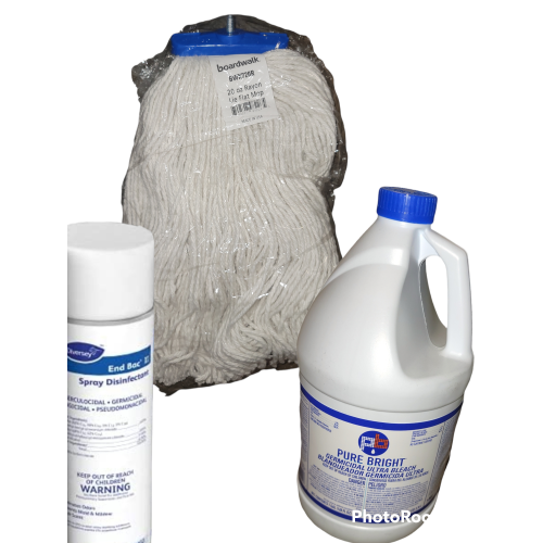 End Bac II Disinfectant + Board Walk Commercial Mop + Pure Bright industrial Bleach gallon 