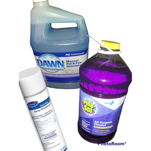 Dawn commercial dish detergent one gallon,  Pine Sol Lavender fresh commercial cleaner one gallon, End Bac II Disinfectant Spray 