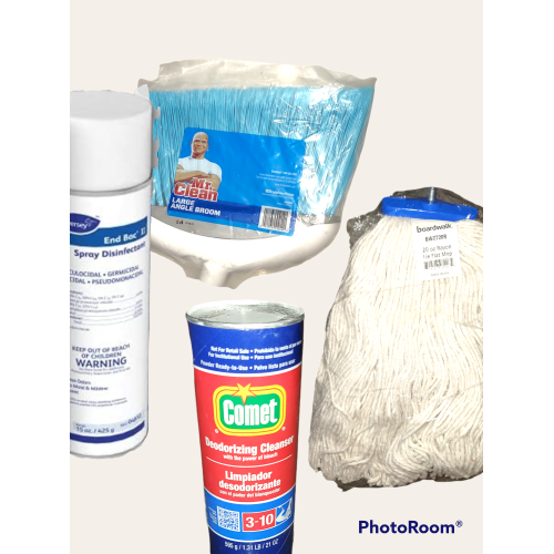 End Bac II Disinfectant + Board Walk Commercial Mop + Comet Commercial Cleaner + Mr. Clean Large Angle Brush Head