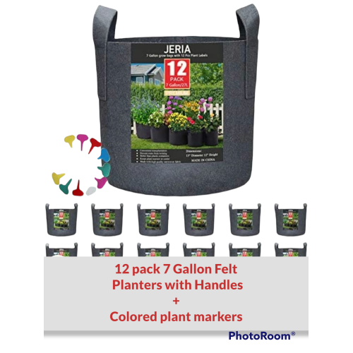 12 pack 7 Gallon Felt   Planters with Handles  + Colored plant markers