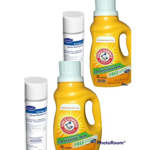 2 pack Arm & Hammer Concentrated Commerical Free Sensitive Skin Laundry Detergent (32 loads x 2 bottles) + 2 Cans of End Bac II Disinfectant Spray 