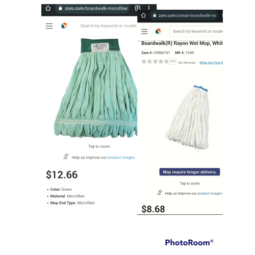  Boardwalk Microfiber Looped-End Wet Mop Head, Medium, Green  Brand new  Retail $12.66  +  Boardwalk Professional Flat Spun Wet Mop   Brand new  Retail $8.68