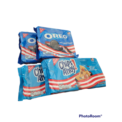 Patriotic red white and blue oreos and chips ahoy