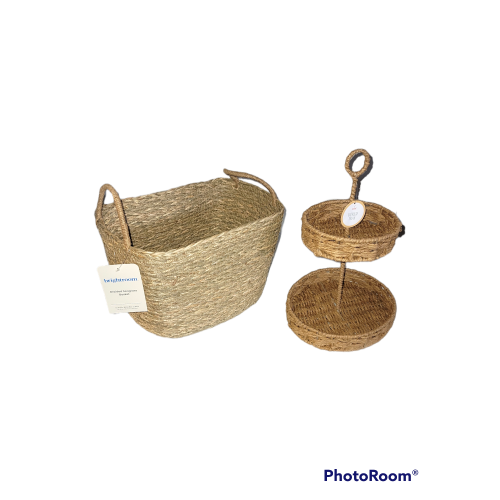 Bright room braided seagrass basket 11" high 10" wide by 11" deep and tiered tray