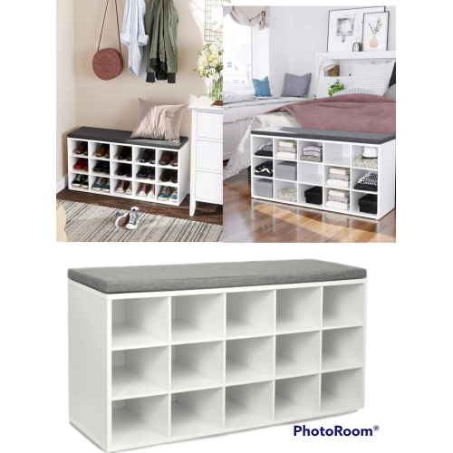 VASAGLE Shoe Bench with Cushion, Storage Bench with 15 Compartments, Shoe Rack Bench, Shoe Shelf, Storage Cabinet, for Entryway, Holds up to 440 lb, White and Gray ULHS15WT
