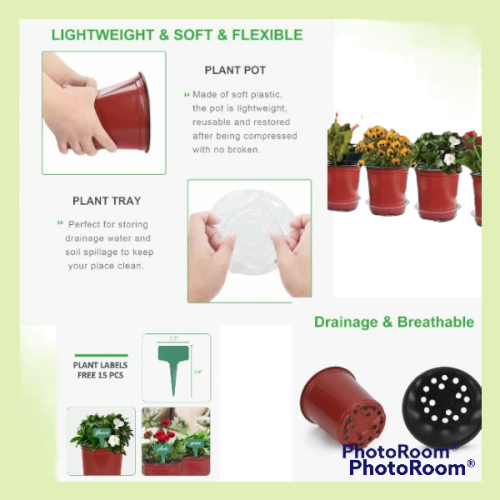 GROWNEER 24 Pack 0.7 Gallon Flexible Nursery Pot Kit with Trays, Flower Pots with 15 Pcs Plant Labels, Plastic Plant Container Perfect for Indoor Outdoor Plants 2.5Qt, Terracotta Color