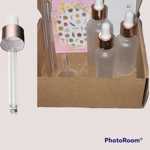 3 frosted dropper bottles, funnel, pipette, labels, stickers