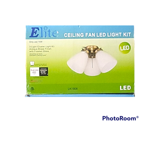 Brand new    Antique brass with frosted glass Elite led 3 light fan kit