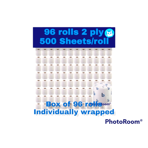 Retail $127.98  96 rolls, 2 ply, 500 sheets per roll    Boardwalk® Two-Ply Toilet Tissue, Standard, Septic Safe, White, 4 x 3, 500 Sheets/Roll, 96/Carton