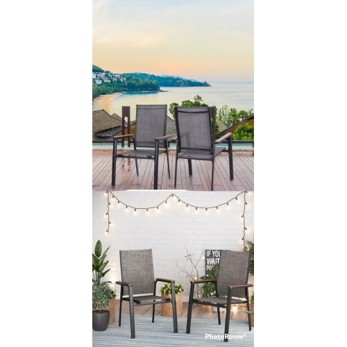 PHI VILLA Padded Textilene Patio Dining Chairs, Set of 2 PHI VILLA SKU: PV-321 Style: Wood-look-Arm Chairs -stackable