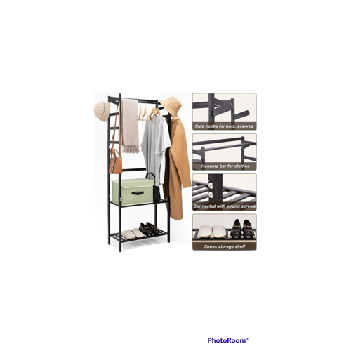 Ultrahaus Entryway Hat and Coat Rack, 3-in-1 Design Hall Tree with Shoe Storage, 2-Tier Storage Shelves for Boxes, Bags and Shoes